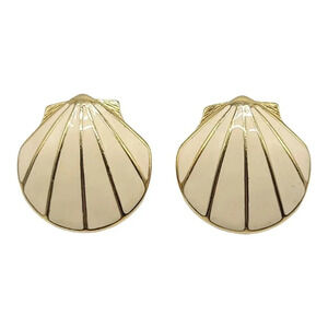 Trifari Gold Tone Beige Enamel Seashell Post Earrings 1980/1990s